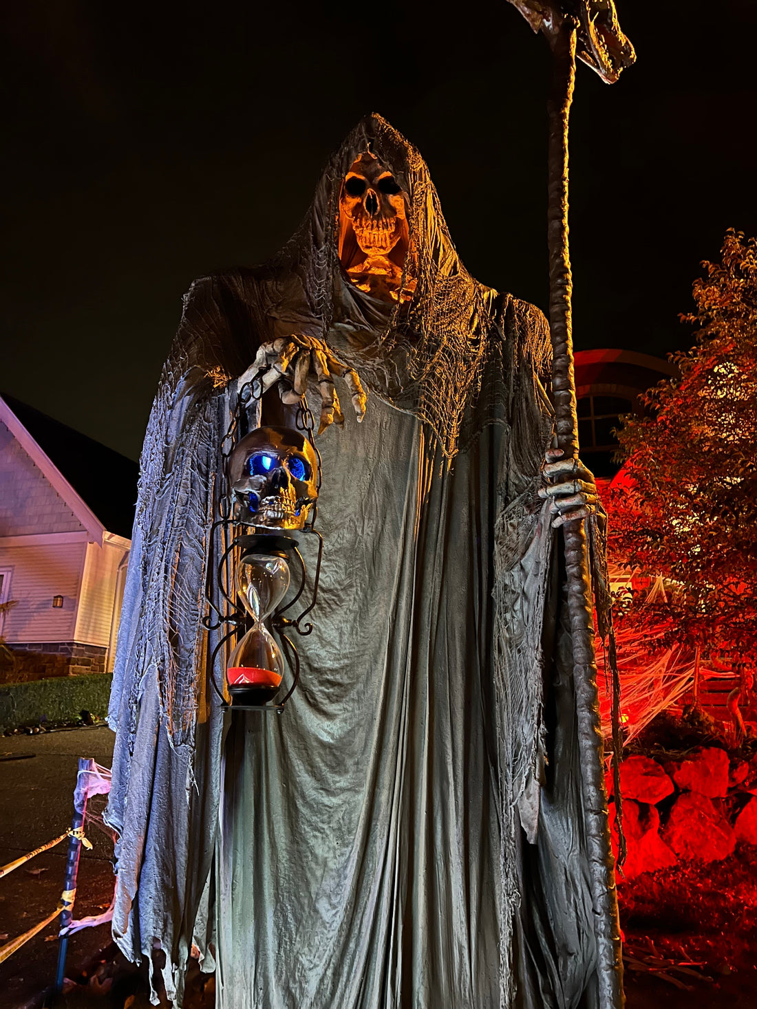 Grim Reaper Halloween sculpture with head and hands made from Pal Tiya Premium fortified cement sculpting material.