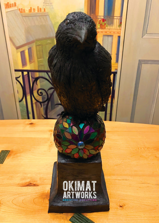 Tamiko Spicer crow mosaic sculpture made with Pal Tiya Premium