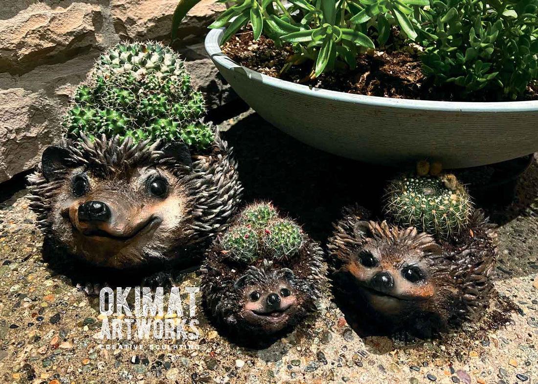 Hedgehog sculptures made with Pal Tiya Premium cement clay