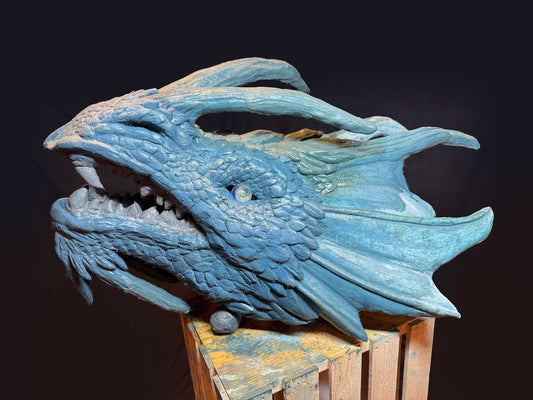 Dragon sculpture head coloured with powdered oxides mixed into Pal Tiya Premium