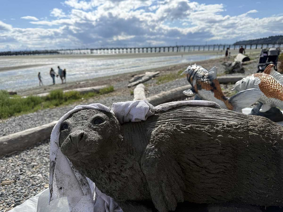 Multi-day Pal Tiya Premium seal pup sculpture showing scratch coat stage