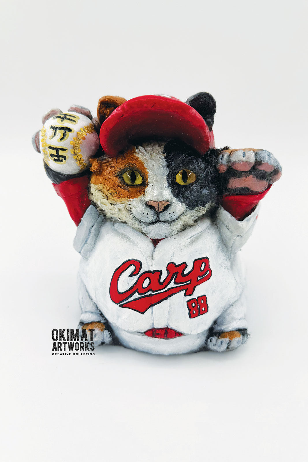 Pal Tiya premium cement clay cat in a baseball uniform with 'Carp' and '88' text, wearing a red cap on a white background.